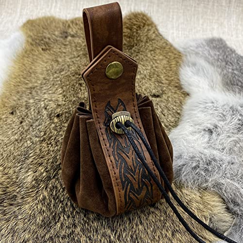 HiiFeuer Medieval Faux Leather Drawstring Pouch, Retro Nordic Portable Coin Purse, Vintage Belt Pouch Dice Bag For LARP Ren Faire (Brown B)3