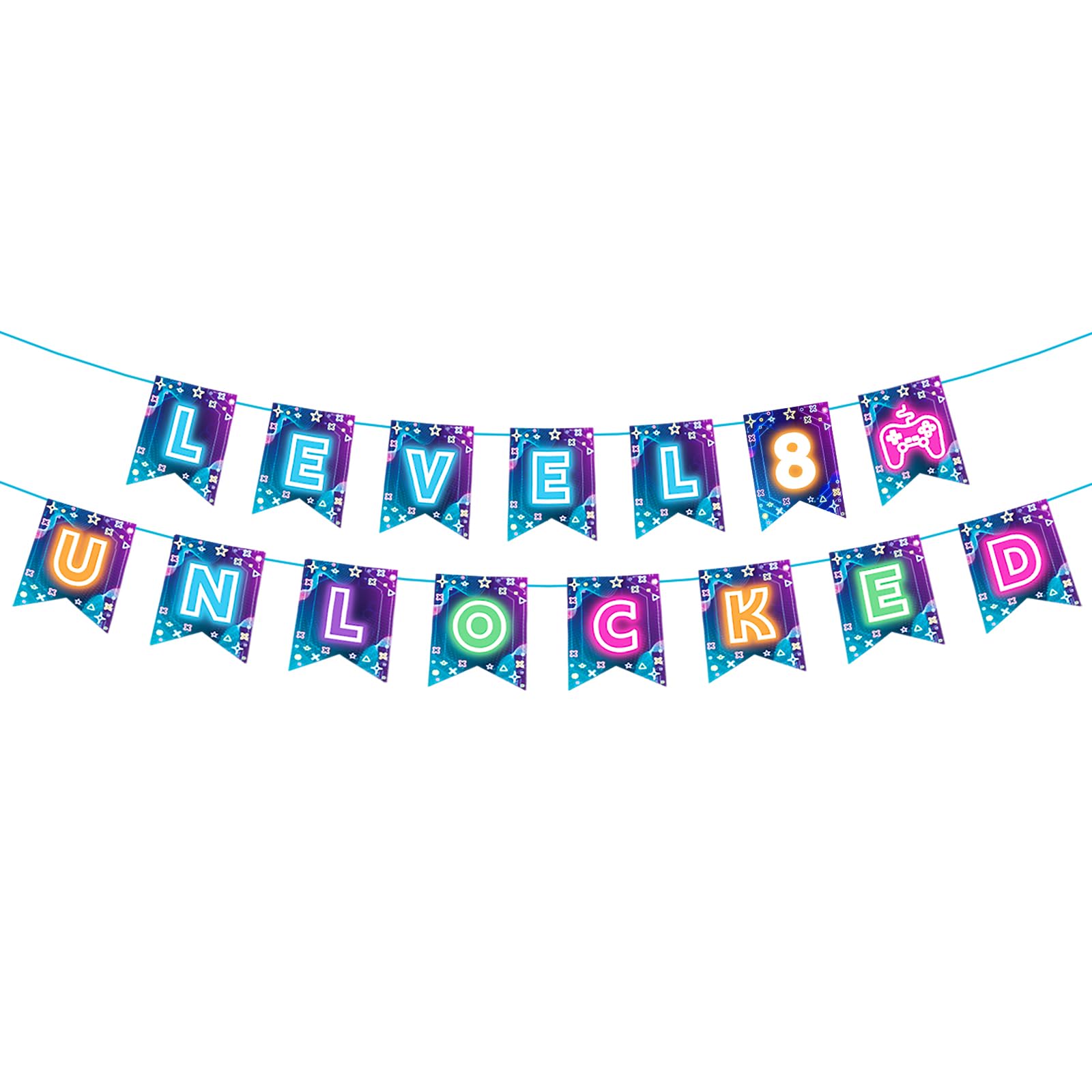 Gaming 8th Birthday Banner for Boy - Neon Level 8 Unlock Party Decorations