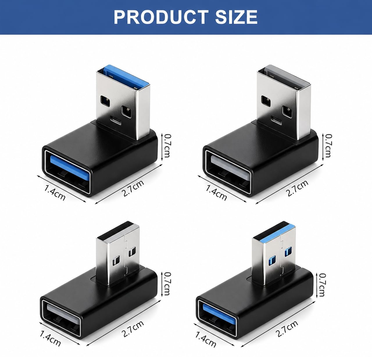 HENGBIRD 4 sztuki USB 3.0 wtyczka kątowa 90 stopni, wtyczka USB-A, czarna obudowa aluminiowa, do 5 Gbit/s i adapter kątowy USB w kształcie litery L do komputera, telewizora, konsoli do gier i