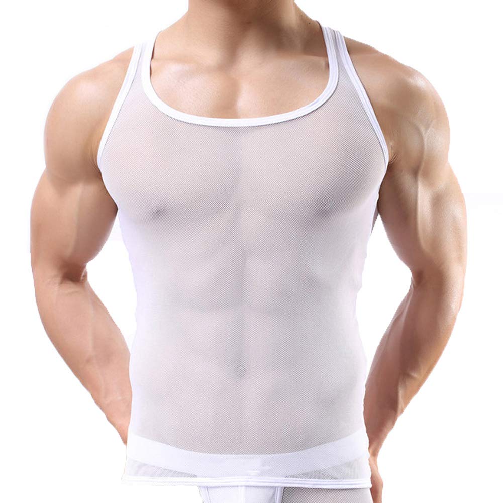Uneihoiz Men's Summer Mesh Soft Tank Top See Through Vest Stretch Undershirt White Large