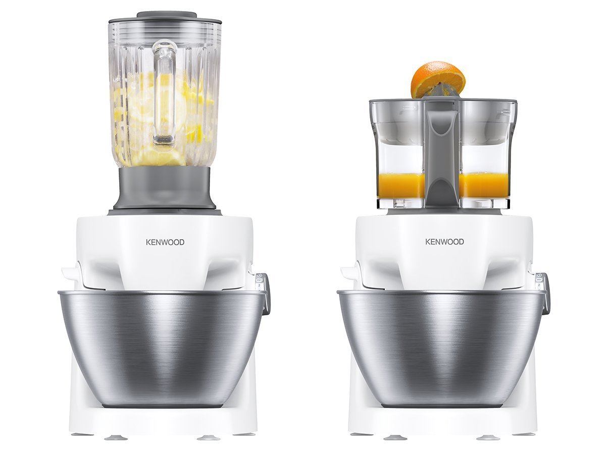 Kenwood KHH326 - Robot de Cocina Multifunción 1000W, 4,3L, Mezcla, Bate, Amasa, Batidora de Vaso 1.5L, Procesador Alimentos 1.4L, 3 Discos, Exprimidor, Picadora, Licuadora, Plata/Blanco