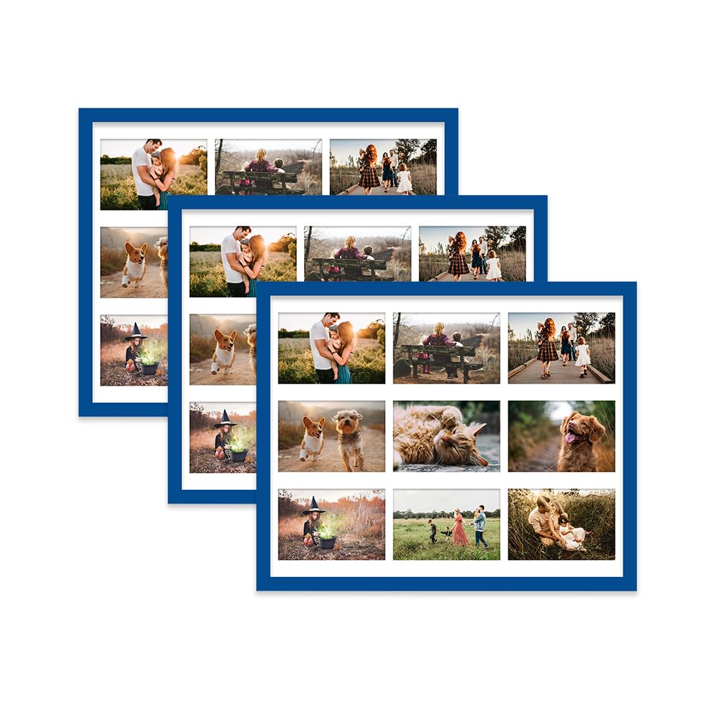 Blue Multi Photo Frame - Holds 9 x 6x4 Pictures, Family Collage Picture Frame for Wall Display, 20x16 Frame size, Set of 3