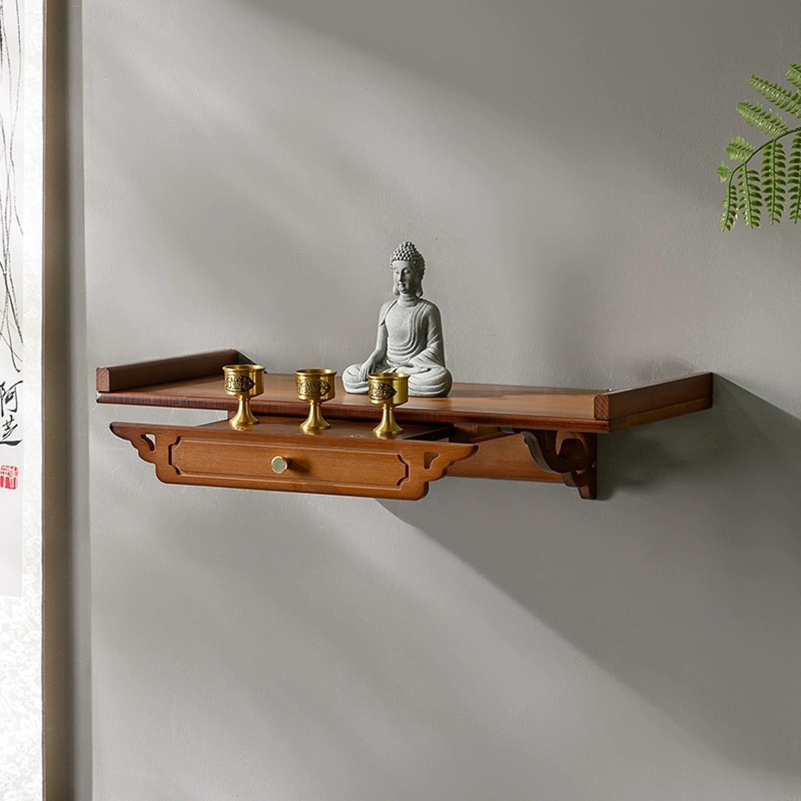 Autel Bouddha mural compact en bambou pour libérer l'espace au sol des pièces