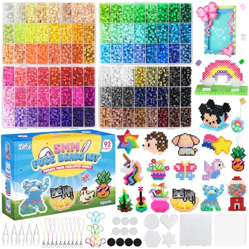 Zefy Fuse Beads Kit 92 Colors 19200 Pcs Melting Beads 5mm Including 124 Patterns 6 Pegboards Ironing Paper Tweezers & Hooks Home School Arts and Crafts for Kids Toys Gifts for Girls and Boys