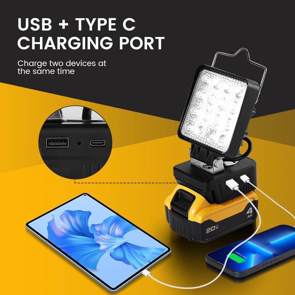 34W Cordless Work Light for Dewalt, Compatible with 18V and 20V Batteries, 140° Rotation, 3400lm Brightness, USB & Type C Charging