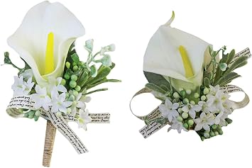 USIX 2pc Pack-Handmade Artificial White Calla Lily Wrist Corsage & Mens Lapel Boutonniere Pin Combo Set Package for Wedding Party Prom Homecoming Calla Lily