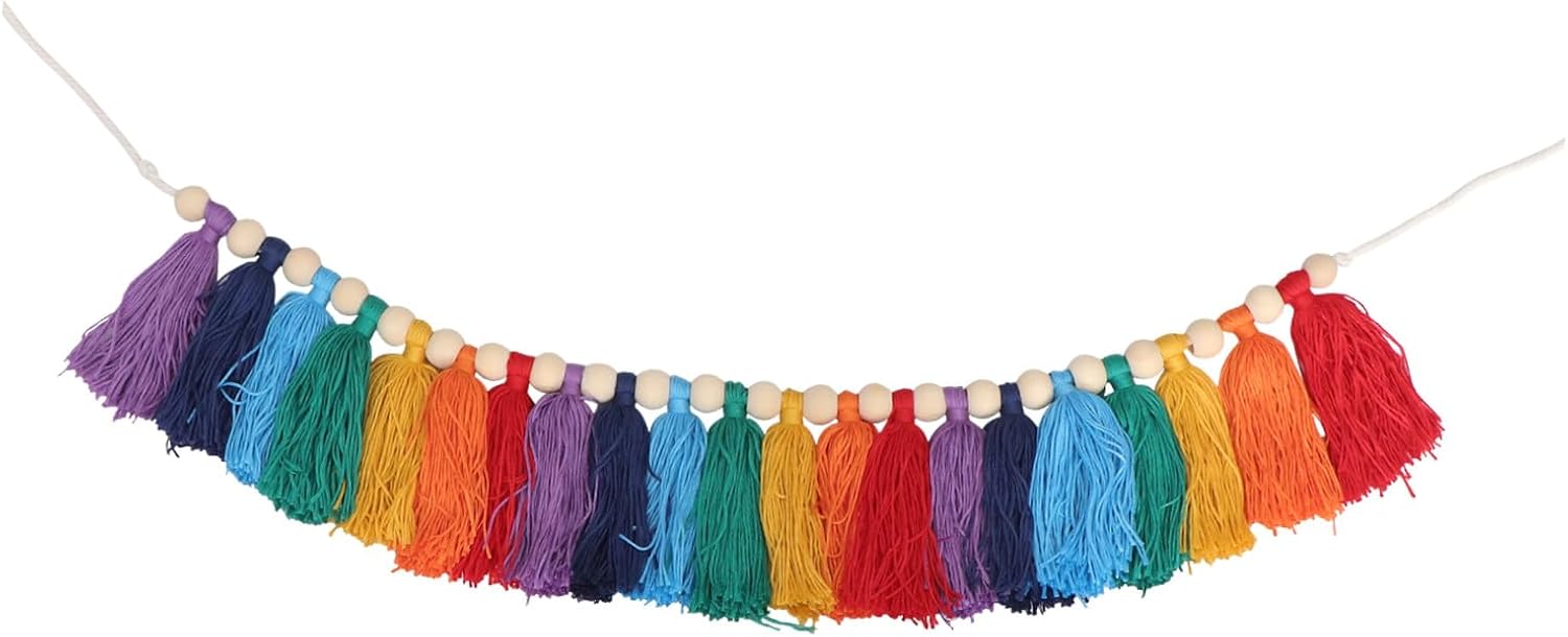 Colorful Wooden Beads Tassel Wall Hanging Decor Macrame Room Banner Handmade Bohemian Home Hanging Decoration for Living Room Nursery