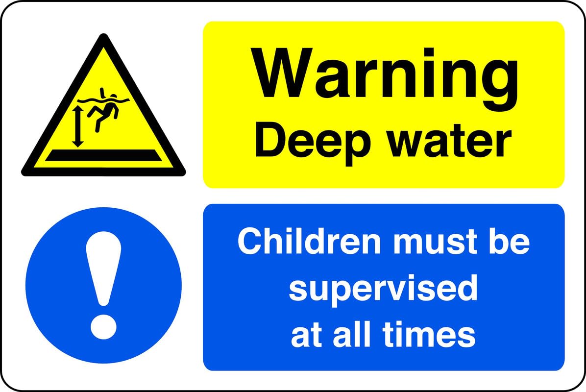 Warning deep water children must be supervised at all times - no swimming, no diving, deep water, slippery - 3mm Aluminum Dibond for indoor/outdoor usage (200mm x 150mm) 5m Viewing Distance.