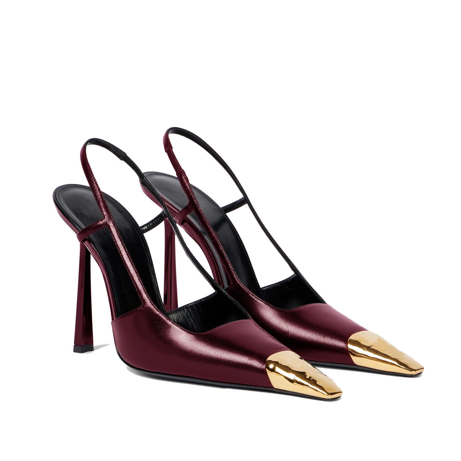 THESHY Womens Slingback High Heels Metal Pointed Toe Leather High Stiletto Heel Pumps Slip on Elastic Strap Fashion Dress Shoes for Women