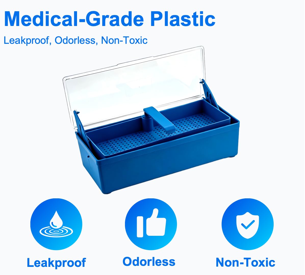 Dental Instrument Sterilization Box – Cold Sterilization Tray Depository for Plastic Instruments, Dentistry Tools,Tattoo Needles & Nail Care Supplies – Auto-Lift Lid (BLUE)