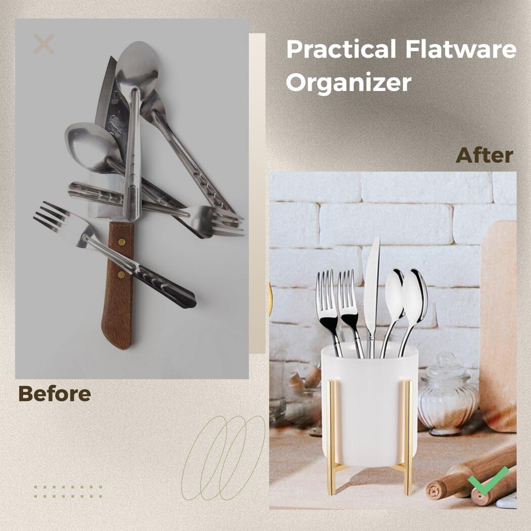 Stabile Utensilienhalter aus Keramik mit Halterung, Metall, goldfarben, Besteck, robuster Behälter, rund, für Arbeitsplatte, Organizer, Besteck, Schreibtisch für Küche, Weiß, 2 Stück