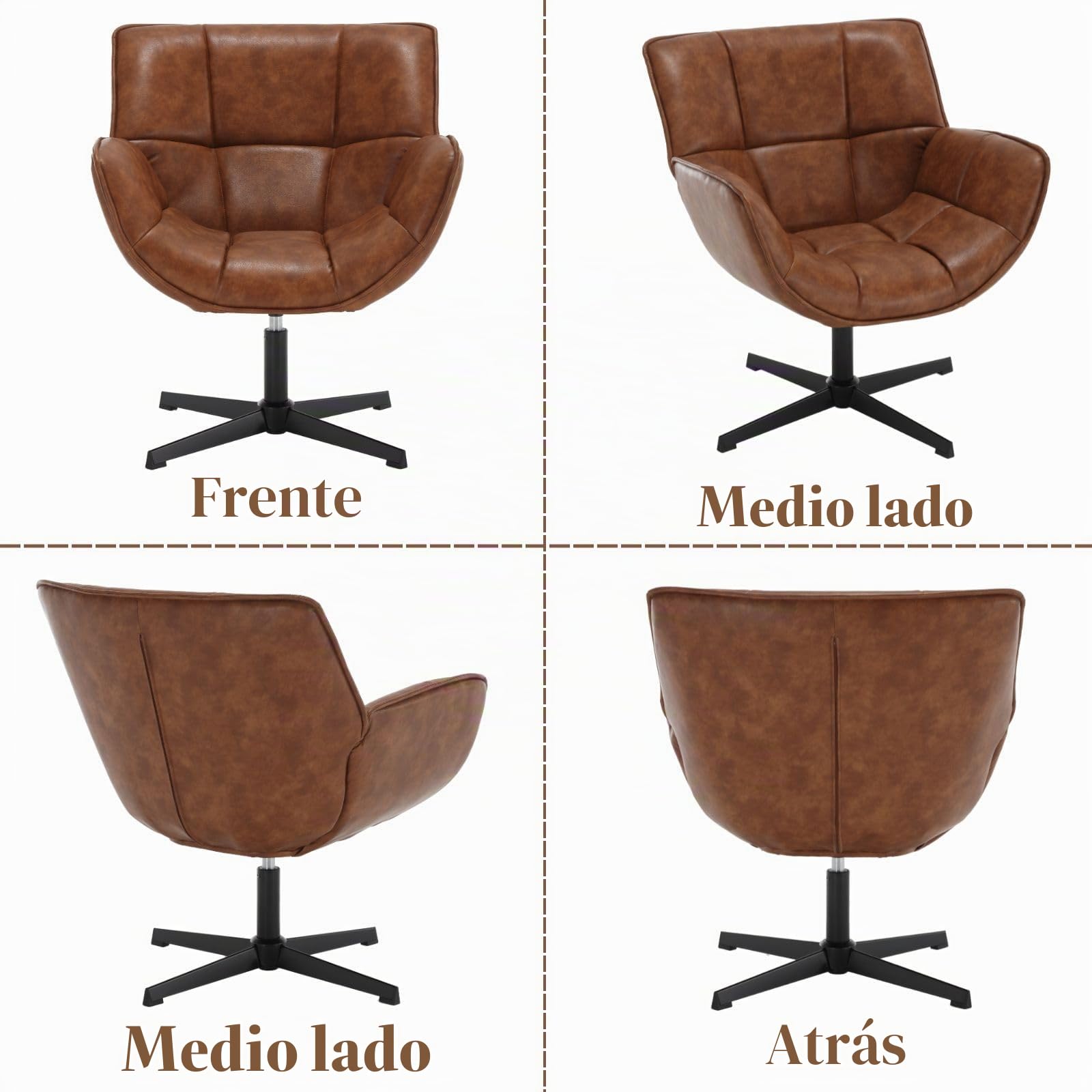 Ya-Home Butacas de Salón Sillón Lectura Individual Giratorio,Marrón | PU Cuero, Giratoro, Base Metal, Cojín Comodo, Reposabrazos, Respaldo, para Salon/Dormitorio, MAX 113KG