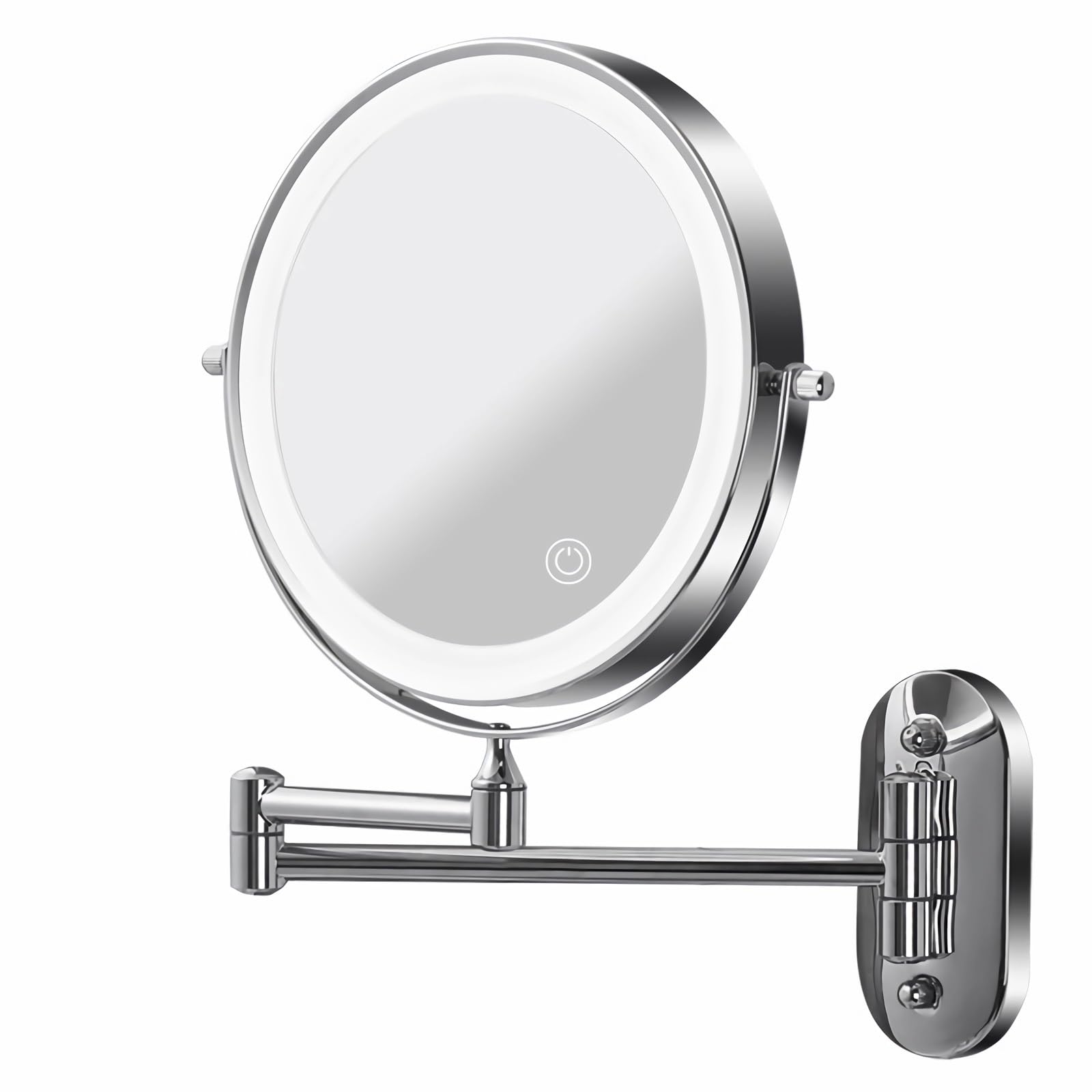 DELURA Espejo Maquillaje con Luz Pared, 1X/5X Aumento, Espejo de Baño LED Carga USB, 360 Giratorio, 3 Colores Brillo Regulable Brazo Extensible, SPA, Hotel, Plata