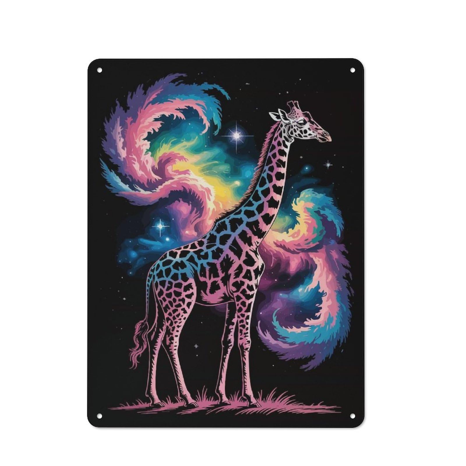Tin Sign with Cosmic Giraffe Illustration Design 40x30cm, Outdoor Room Porch Wall Decor for Greenhouse, Garden Room, Cafe Or Entryway
