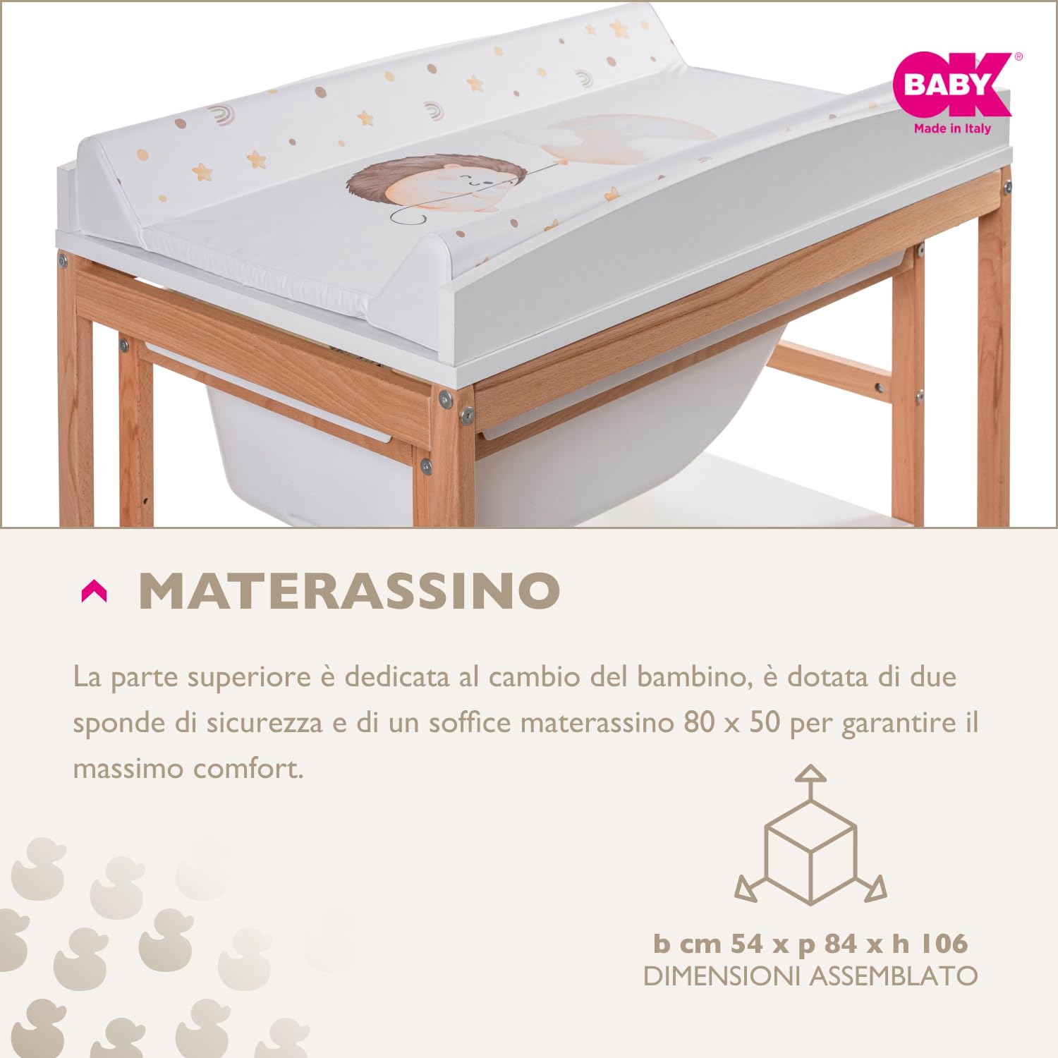 OKBABY Woody - Fasciatoio in Legno con Vaschetta Ergonomica e Ruote, Completo di Materassino Soffice per il Cambio del Neonato - 0-12 Mesi (11kg) - Bianco