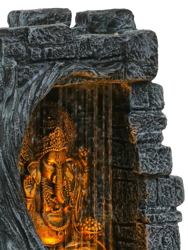 Image of Polyresin Grey & Copper Ganesha Idol Table Top Indoor Front Curtain Waterfall Fountain for Home Decor with Yellow LED Lights & Speed Controller Pump (Size: 40 x 29.5 x 22CM | Wt: 2265grm)