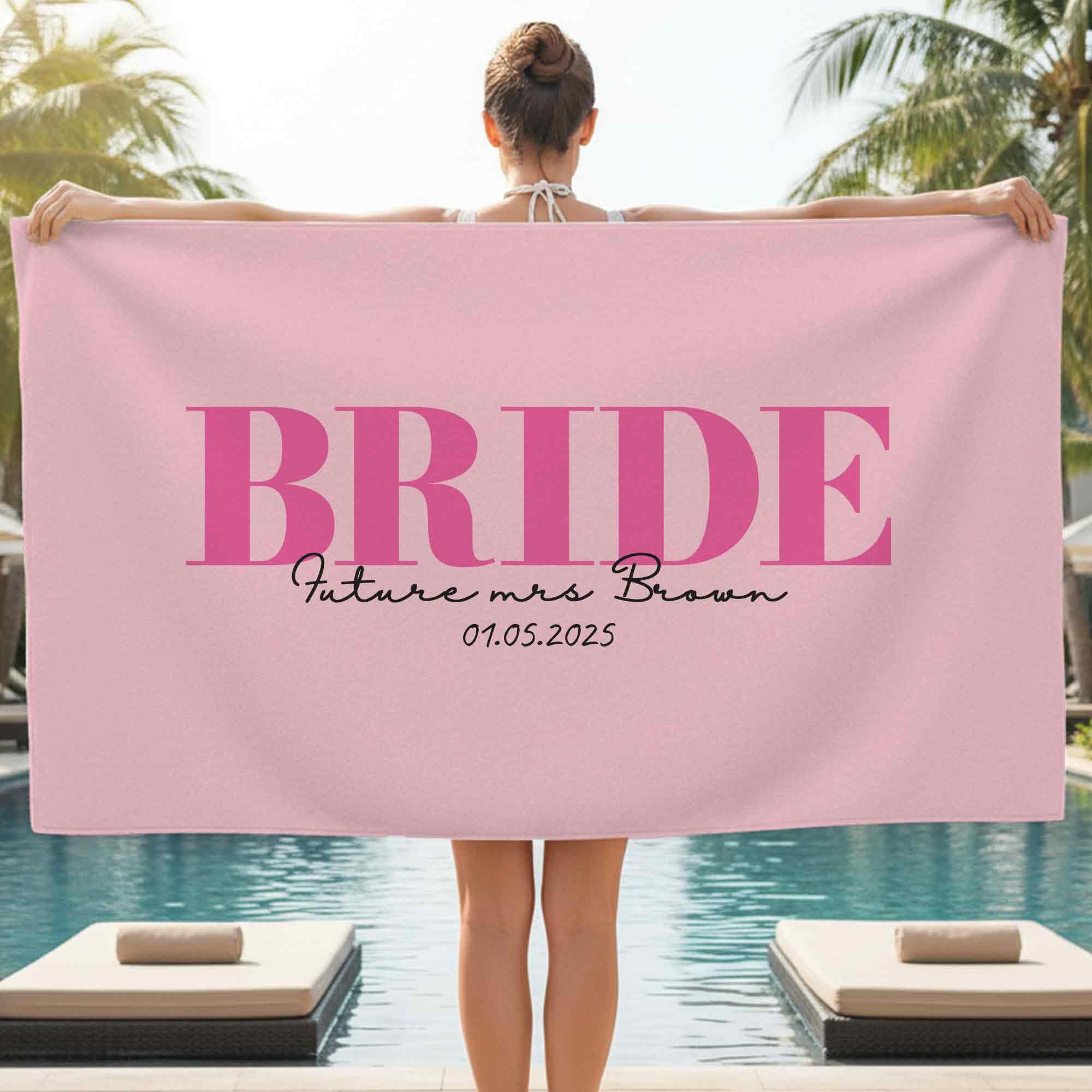 Print Maniacs Custom Personalised Bride Towel with Name and Date Microfibre Beach Towel Large Quick Dry Lightweight Travel Towel Hen Party Honeymoon