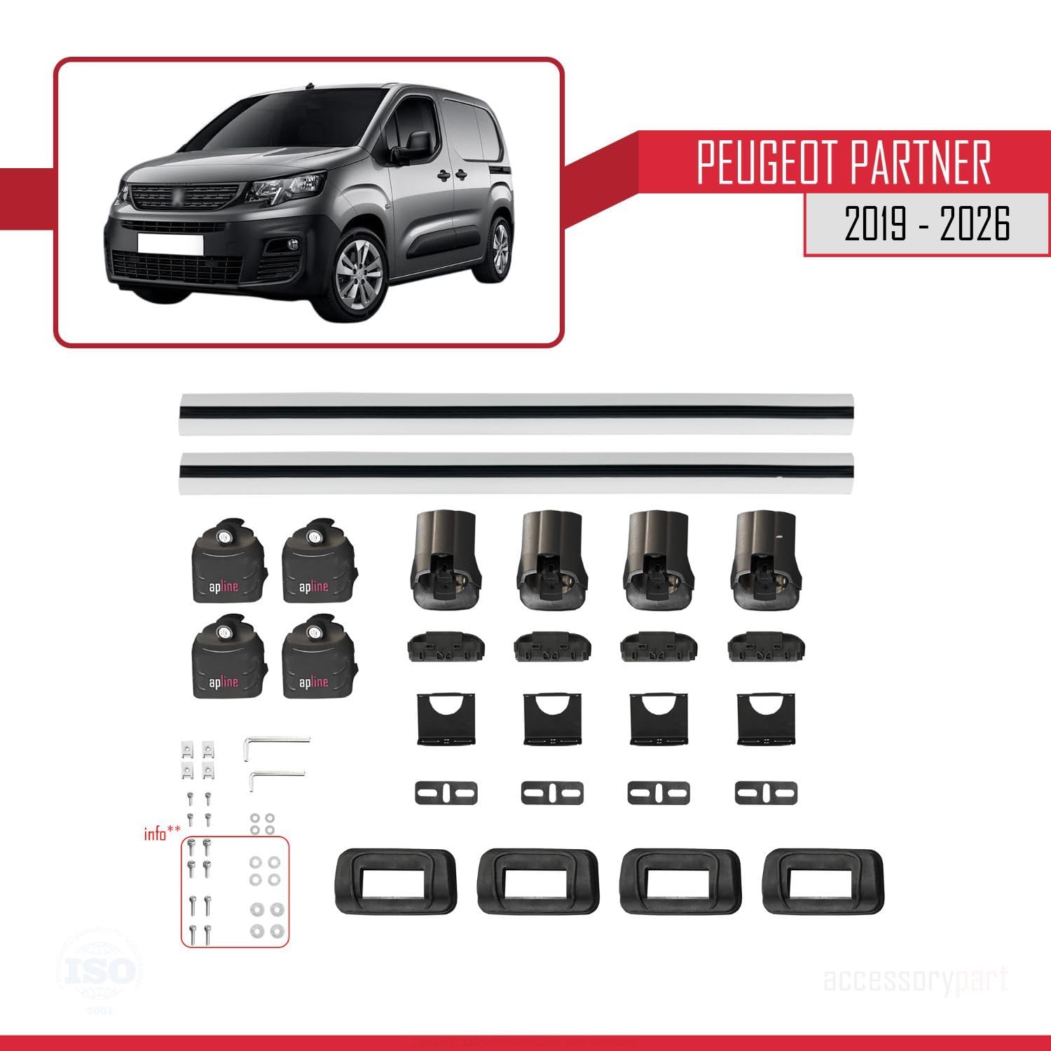 Compatible con Peugeot Partner (K9) 2019-2026 Modelo Ace-3 Barra de Techo Auto Portaequipajes Barras Transversales Gris Aluminio 2 Barras