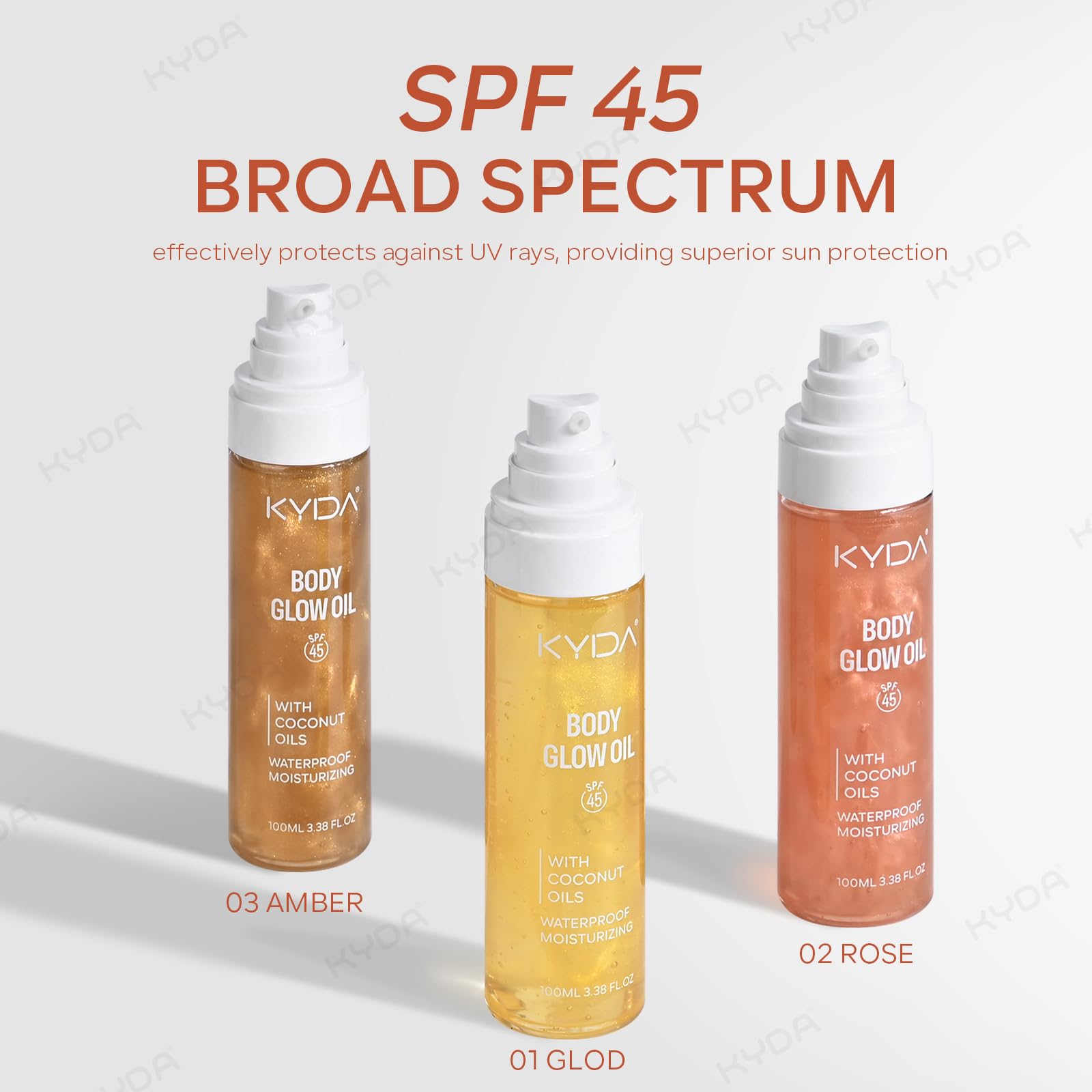 Aceite corporal brillante, SPF 45 de amplio espectro, aceite corporal protector solar con mica oro rosa, cocos hidratantes, protector solar de verano, hidratante resistente al agua, 3.38 onzas 3