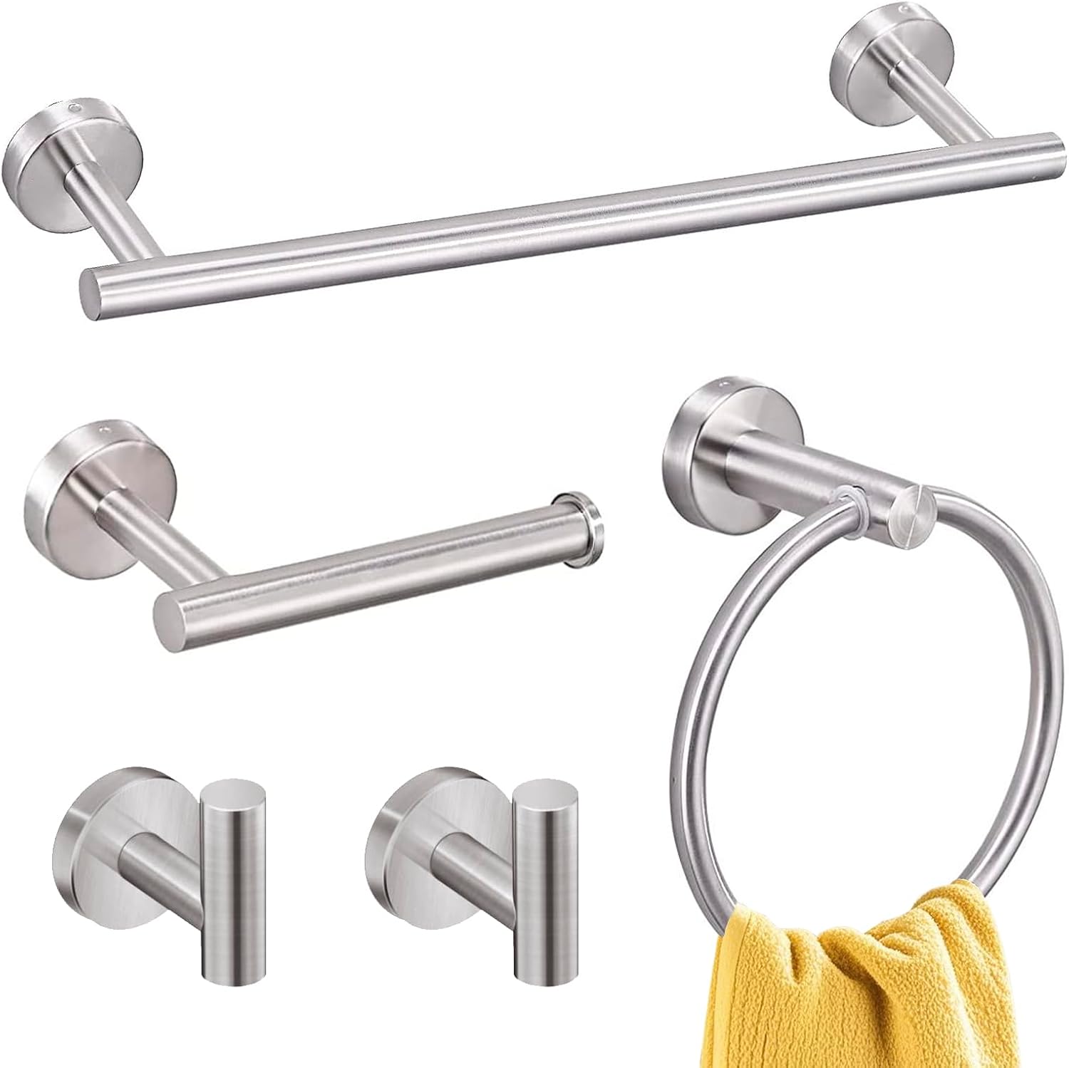 JUSTHERE 5 Pieces Brushed Nickel Bathroom Towel Rack, Bathroom Accessories Stainless Steel Wall Mounted, Including 16″ Towel Bar, Toilet Paper Holder, Towel Ring, Towel Hooks, Bathroom Accessory Set JUSTHERE 5 Pieces Brushed Nickel Bathroom Towel Rack, Bathroom Accessories Stainless Steel Wall Mounted, Including 16″ Towel Bar, Toilet Paper Holder, Towel Ring, Towel Hooks, Bathroom Accessory Set