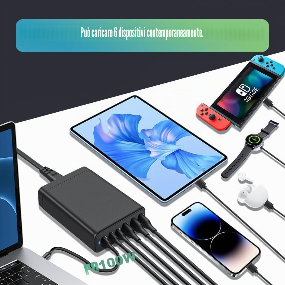 Stazione di ricarica USB 200W 6 porte, caricatore GaN III PD 100W USB-C & USB-A per computer portatili e telefoni (adattatore rapido), compatibile con MacBook Pro/Air, Dell XPS, iPhone 15/16/14 Pro
