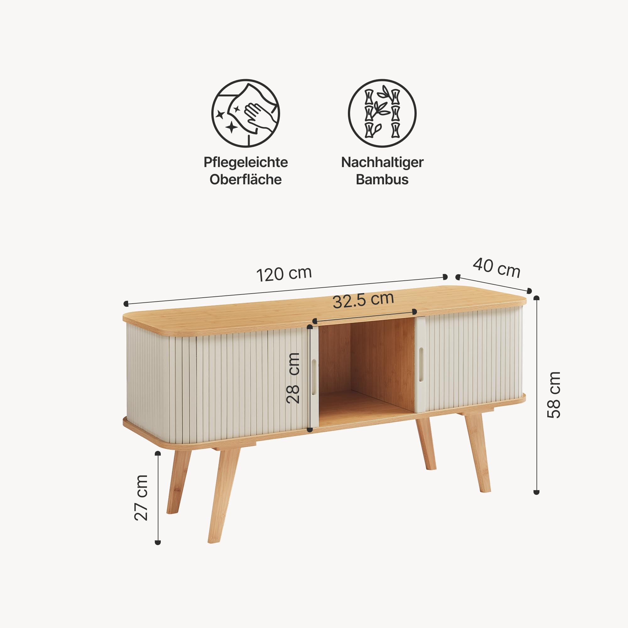 [en.casa] TV Schrank Tysvær Lowboard mit 2 Schiebetüren Cremeweiß Fernsehtisch mit Kabeldurchlass TV Kommode Fernsehschrank 120 x 40 x 58 cm Bambus
