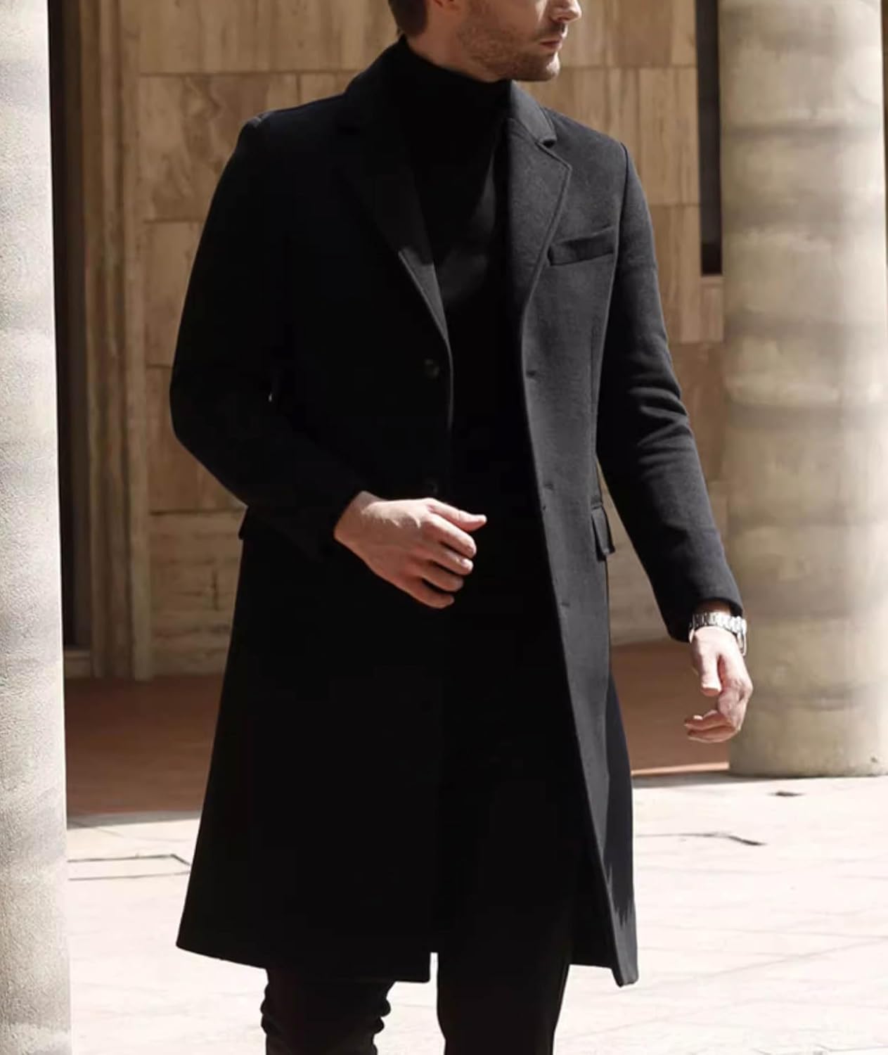 SOMTHRON Men's Casual Trench Coat Slim Fit Single Breated Notched Lapel Winter Long Jacket Pea Coat Overcoat - Image 3