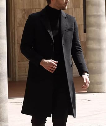 SOMTHRON Men's Casual Trench Coat Slim Fit Single Breated Notched Lapel Winter Long Jacket Pea Coat Overcoat