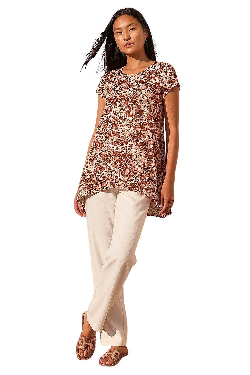 Roman Women's Animal Print Hanky Hem Stretch Top in Brown | Size: 14