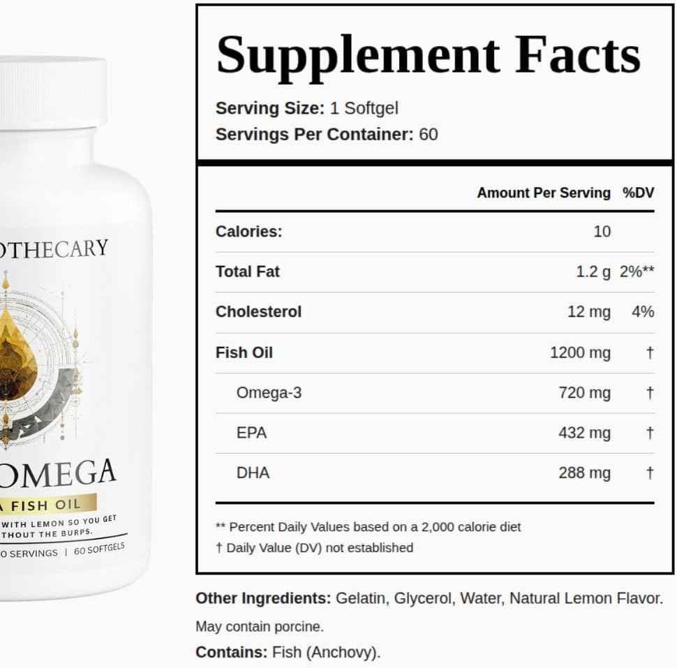 Pure Omega Fish Oil 1200mg - 720mg Omega-3 with EPA 432mg & DHA 288mg - Molecularly Distilled, No Fishy Aftertaste - Heart, Brain, Joint & Vision Support - 60 Softgels (60 Servings)