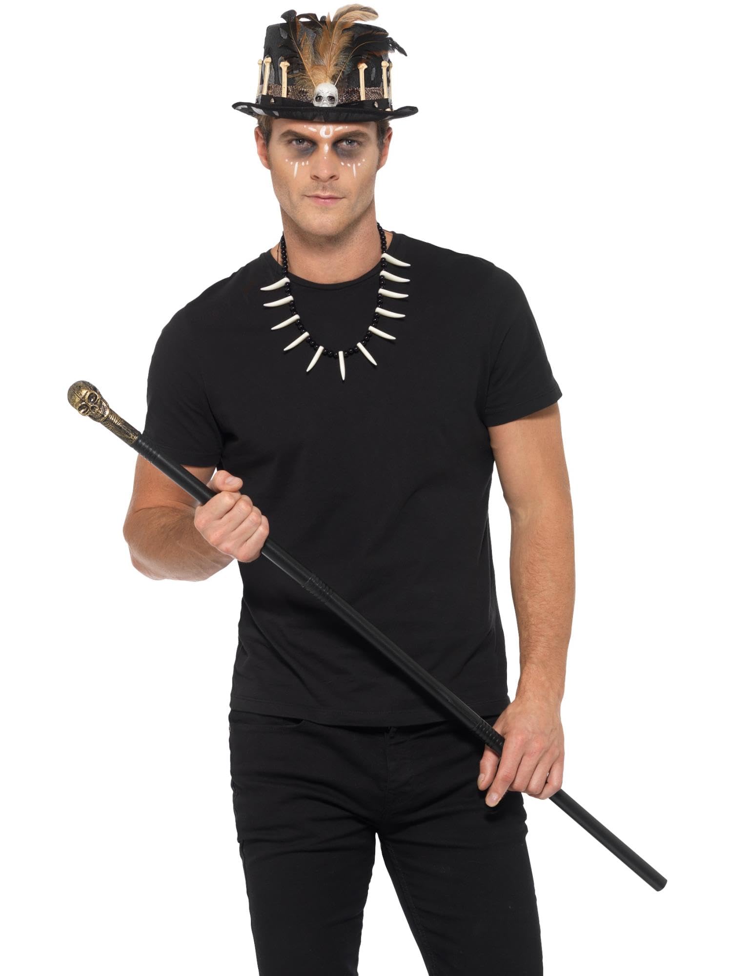 Voodoo Kit, with Feather Top Hat, Black Detachable Skull Cane & Bone Necklace, Halloween Fancy Dress Accessory, Voodoo Woman Dress Up Accessories, World Book Day