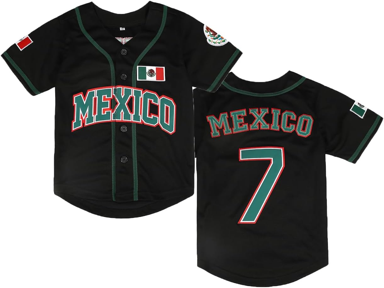 Youth Mexico Jersey #7 Blank Button Down Short Sleeve Stitched Boys' Baseball Shirts Kids Size XS-XL