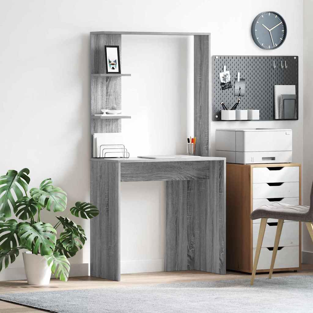 Scrivania Grigio Sonoma con Scaffali in Legno Ingegnerizzato | Ideale per studio o soggiorno, ottimizza lo spazio grazie agli scaffali integrati e alla superficie opaca.