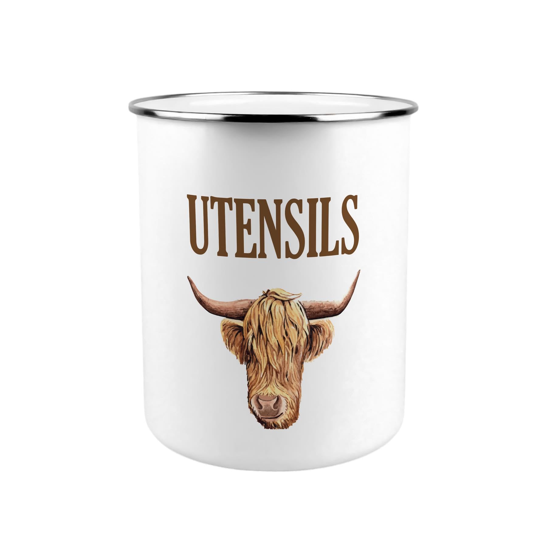 Highland Cow Utensil Pot - Enamel XL Kitchen Utensil Organiser Decor Gift