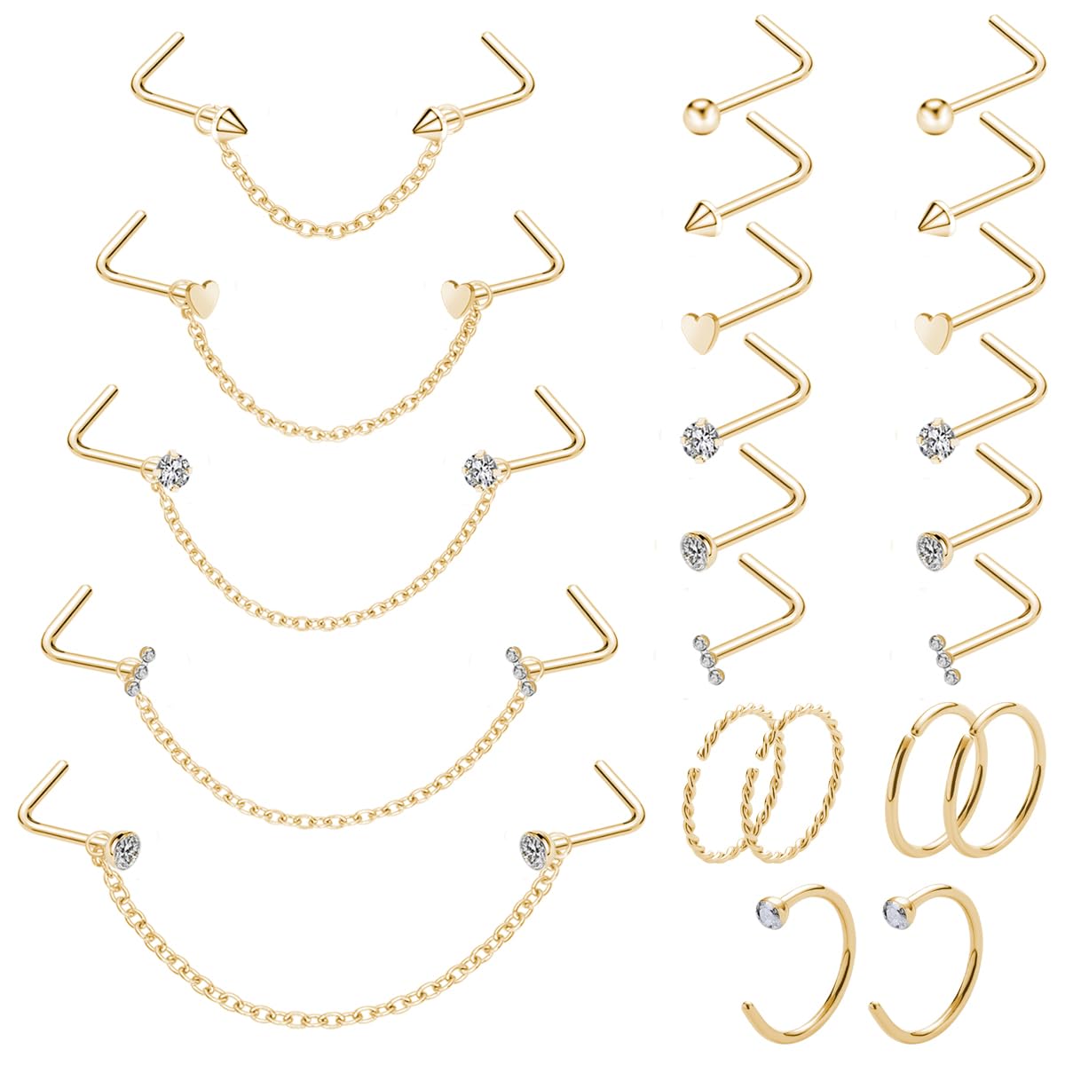 Kiethleasa 20G Nose Ring Piercing Chain Stainless Steel Across Nostril Jewelry With CZ Hoop Bone Screw L Shaped Stud for Women Men High Bridge Jewelry