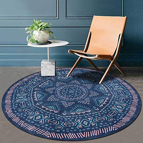 LONGSAO Alfombra Antideslizante Redonda Lavable ø 80 cm para Salón Dormitorio Baño Cocina Decoración Pasillo Estilo étnico geométrico Retro Azul Rosa