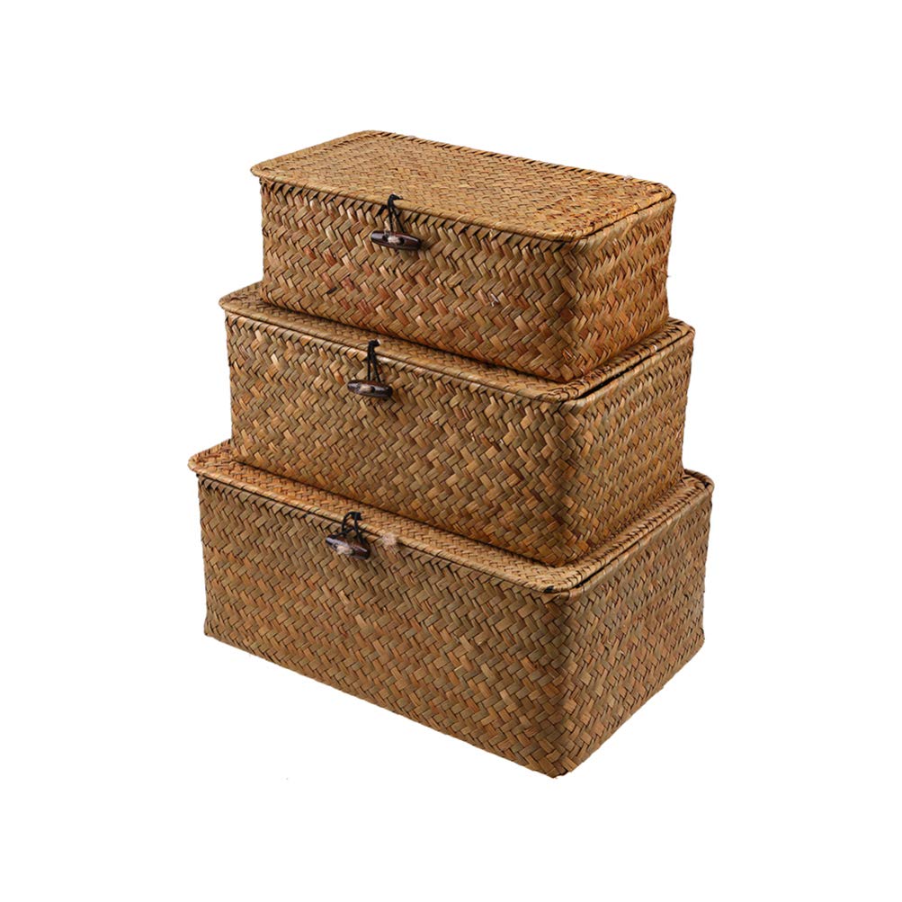 FOMIYES Seagrass Basket with Lid 3pcs Seagrass Storage Baskets with Lid?Natural Wicker Baskets Woven Rectangular Basket Bins for Household Organizer Boxes Shelf Wardrobe Organizer- Size S, L