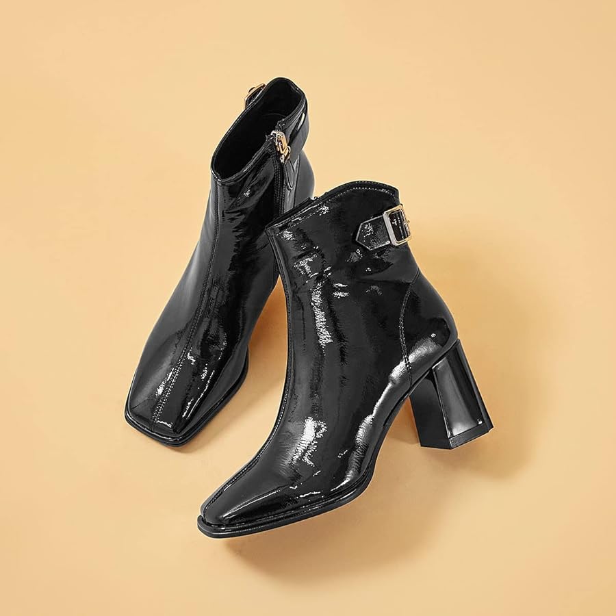 Тechnical Patent Leather Ankle Boots Amazon.com | XYD Women Fashion Patent Leather Closed Square
