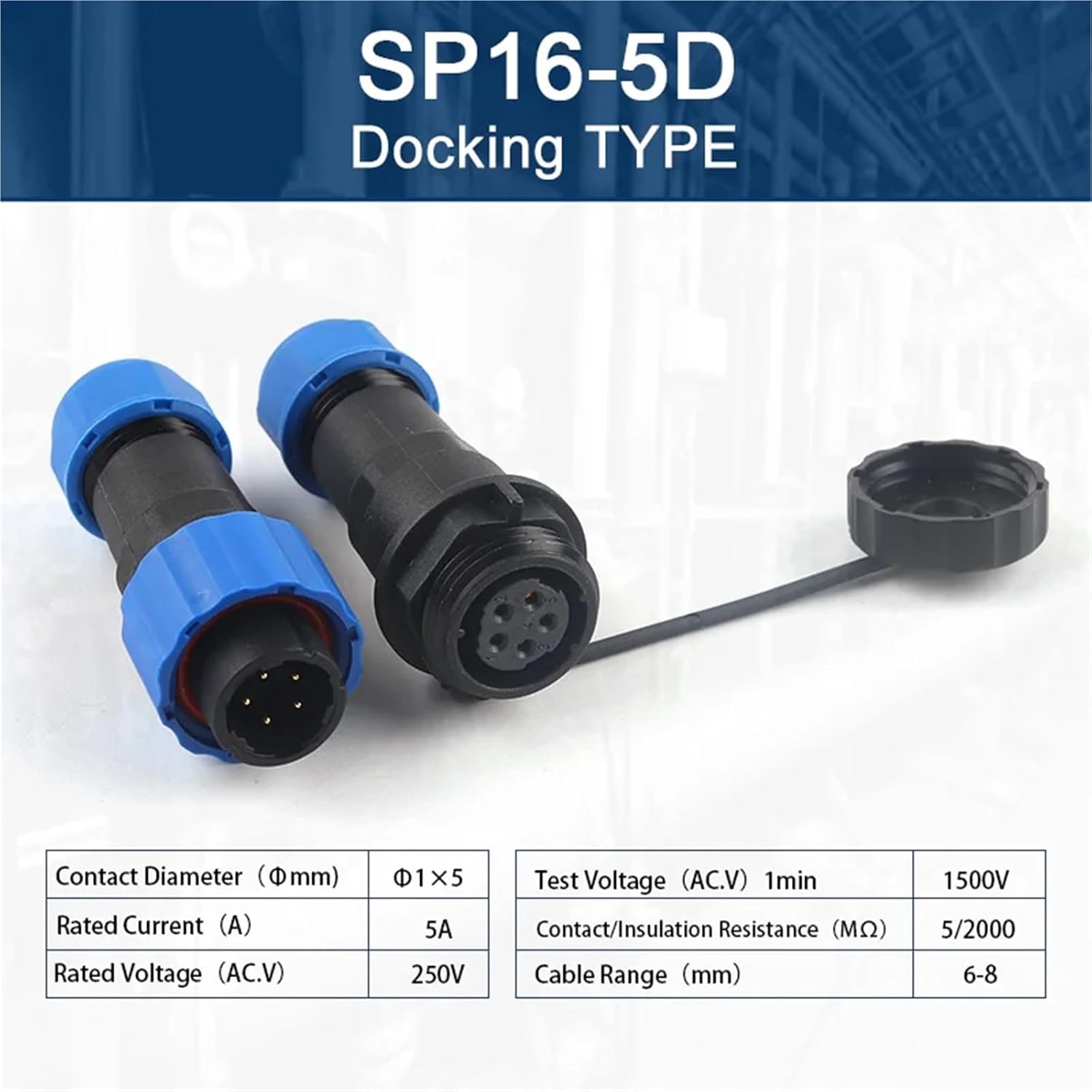 SP16 Docking Type Wire Connectors Male Female Socket with Cover for Electrical Cable Connection 1Pcs(SP16-5D)