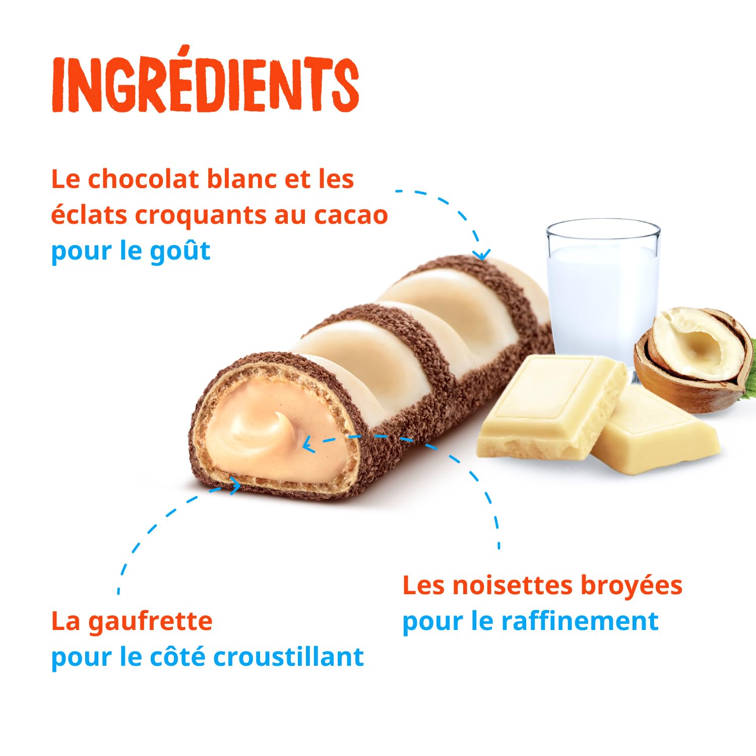Kinder Bueno White - Fine Gaufrette Enrobée de Chocolat Blanc avec un Coeur Lait et Noisettes - Biscuit Fondant et Croustillant - Format à partager- 30 x 2 Barres (39g)