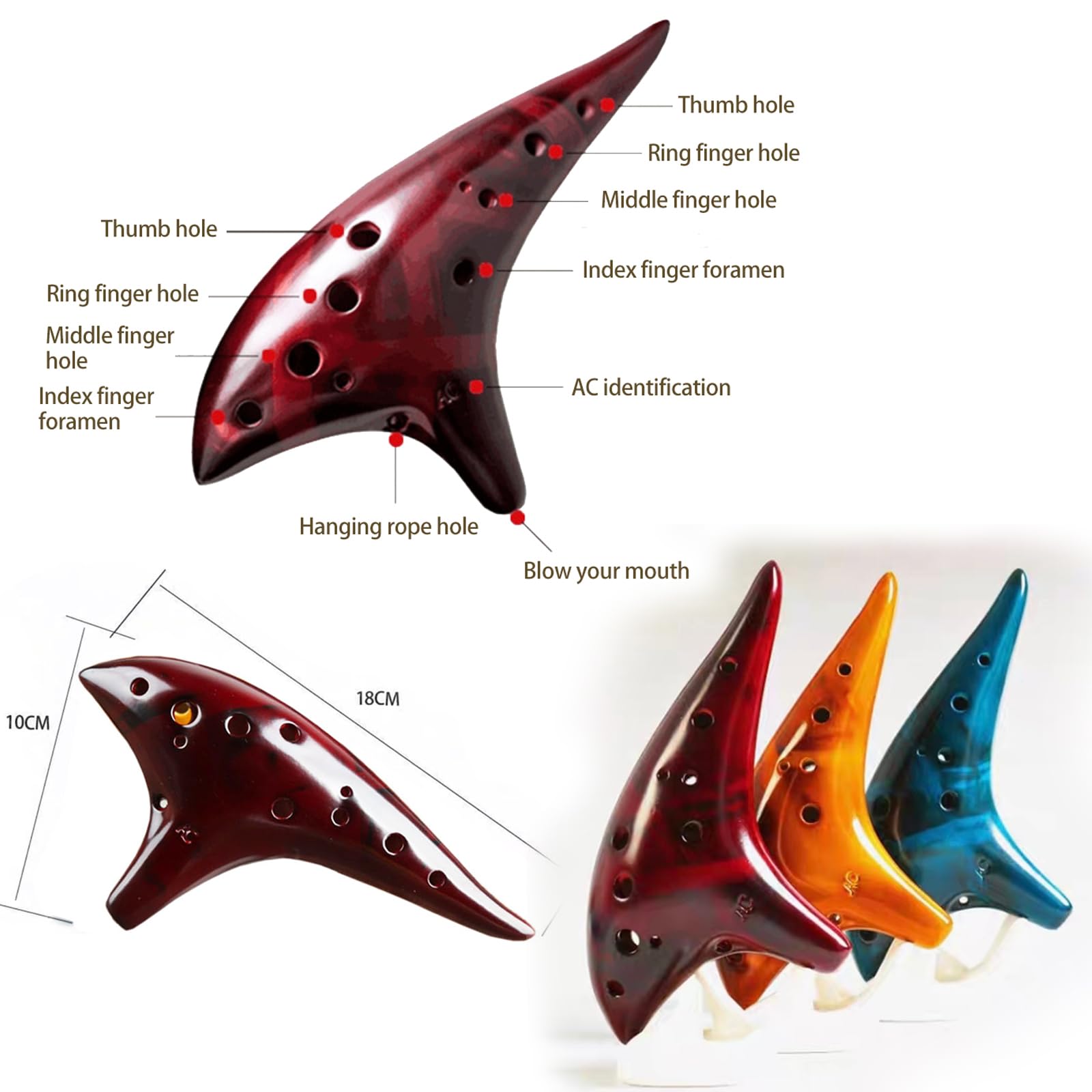 Ocarina - Ocarina de cerámica de 12 agujeros alto C ahumada con pajilla ahumada con libro de canciones para principiantes, idea de regalo (ámbar)