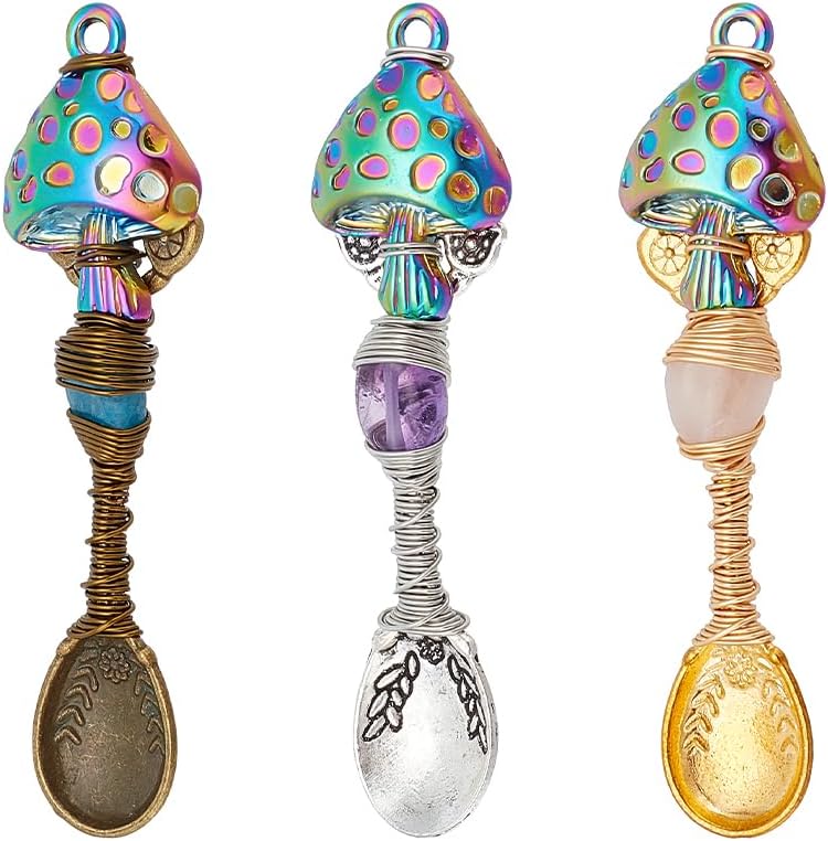 3 Pcs 3 Colors Natural Genstone Pendants, 2.6 Inch Long Mushroom Spoon Alloy Charms Wire Wrapped Necklace Spoons Charms for DIY Craft Jewelry Making Necklace Bracelet Key Chain