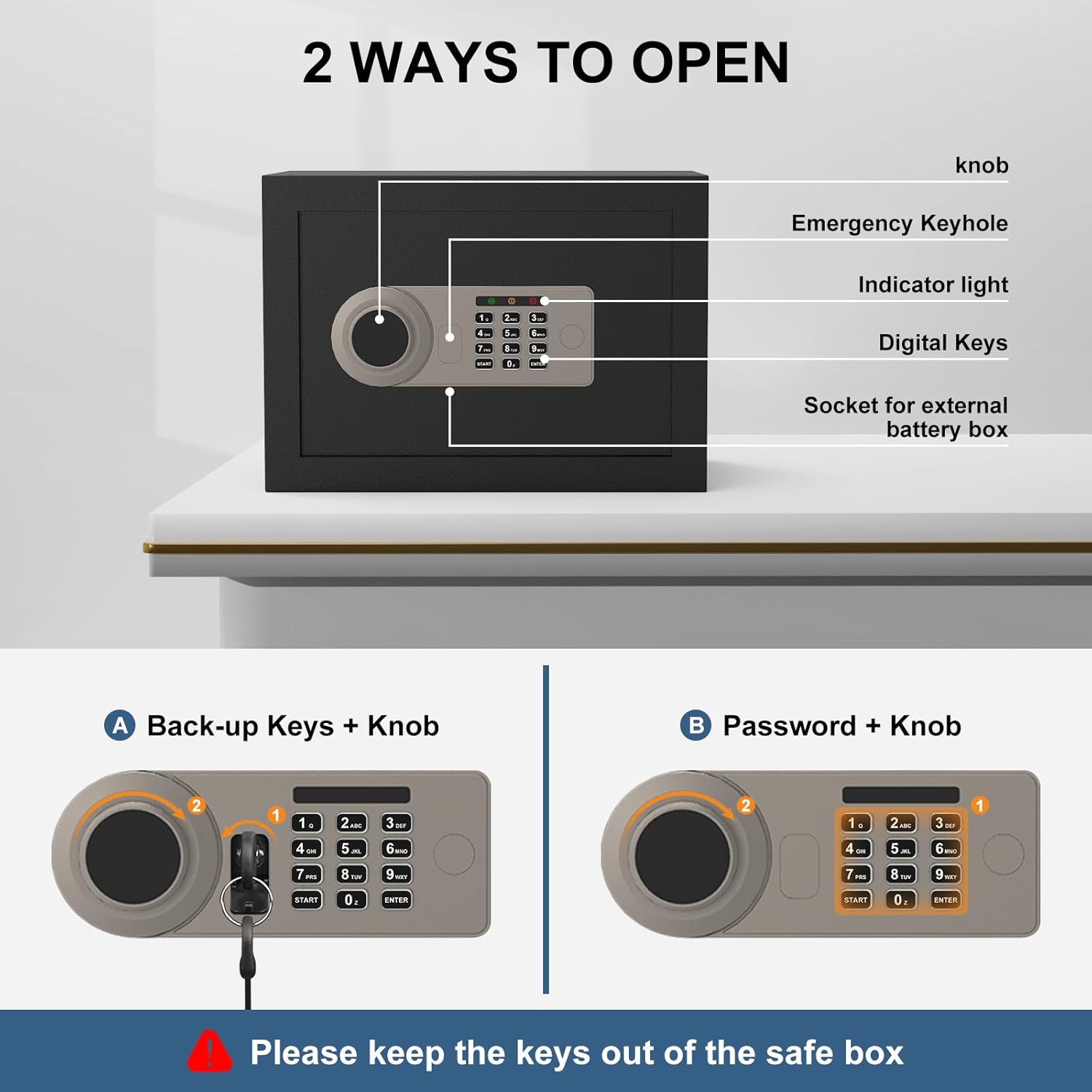 Diagram showing two ways to open the Diyife Safe Box: using backup keys with the knob, or using a password with the knob