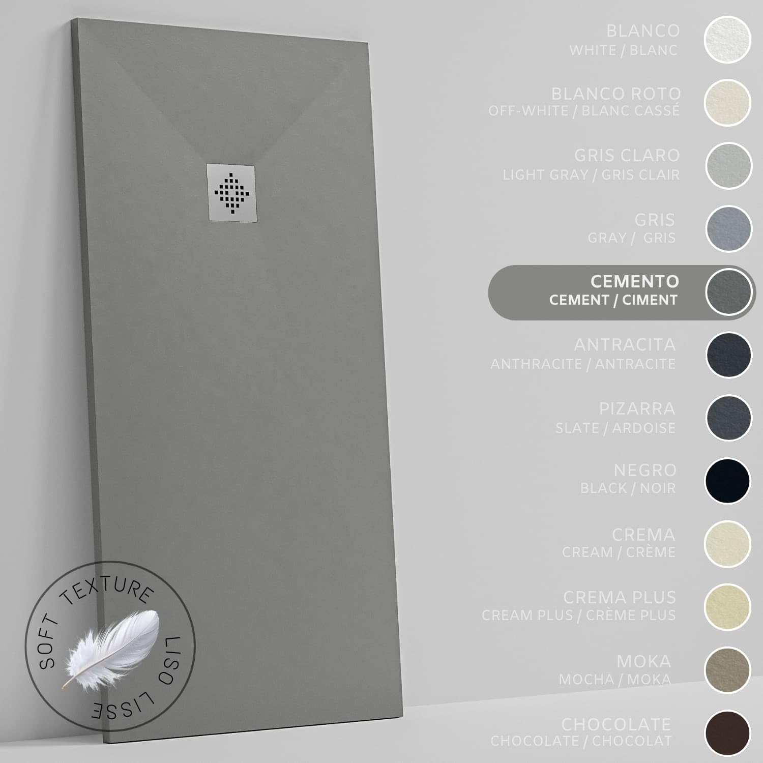 SOULHOME Brodzik prysznicowy– Żywica– Gel Coat– Gładki Jedwab tekstura – Antypoślizgowy – Kolor cementowoszary – 110x90- Niski 3 cm– Z dodatkowym syfonem – Standard