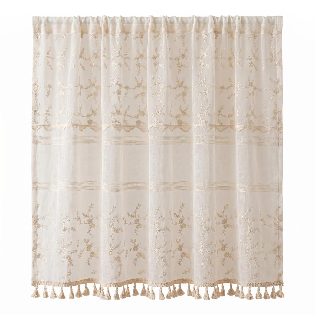 Bemonew Lace Curtains Lace Cafe Curtains Embroidered Floral Sheer with Tassel Hem, Rustic Vintage Rod Pocket Kitchen Valance 39.37x51.18 Inch