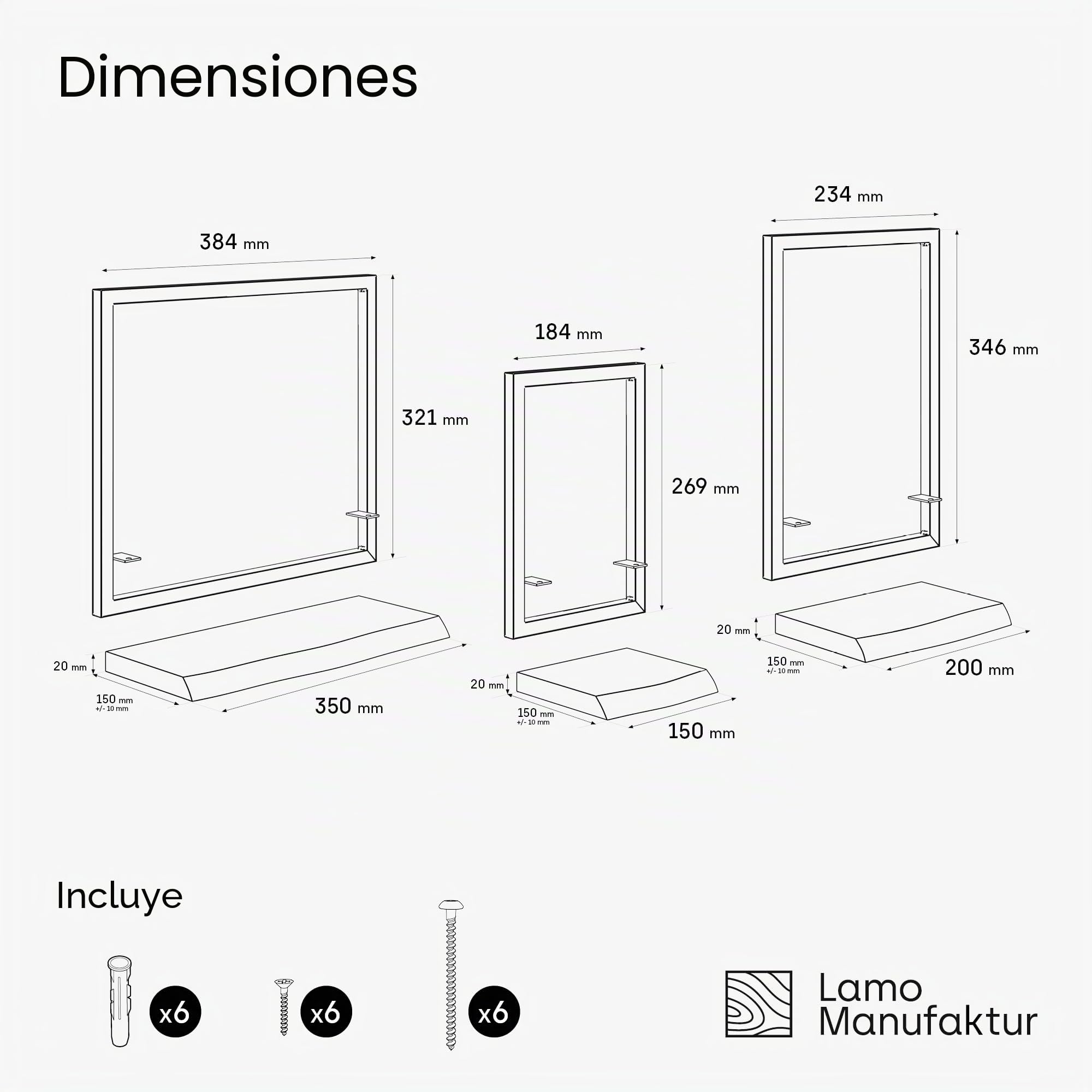 LAMO Manufaktur Estanterias de Pared Set 3ud. 15/20/35cm | Estante Cocina, baldas baño, estanterias de Pared habitacion | Color: Nogal, Marco: Negro