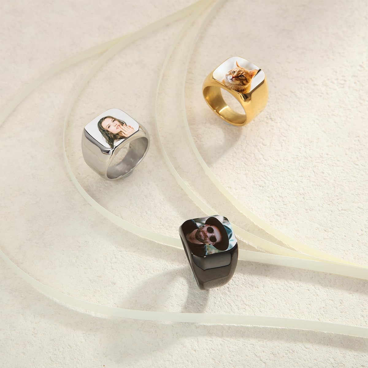 Personalizada de Acero Inoxidable Signet Anillo Personalizado Foto Grabado para Hombres Mujeres Mejor Amigo Memorial Regalo Imagen con Ajustadores de Tamaño de Anillo