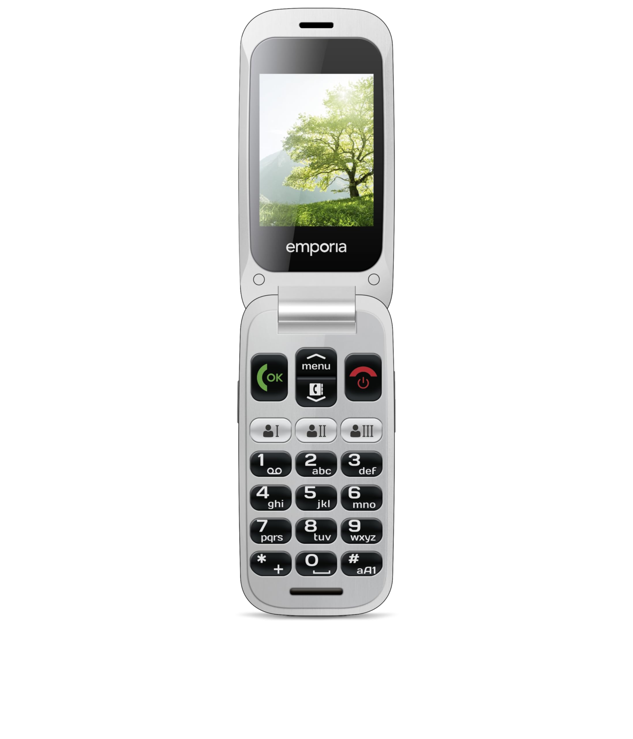 Emporia ONE, telefono per anziani, cellulare pieghevole senza contratto, telefono cellulare con pulsante di emergenza, display da 2,4 pollici, argento/grigio argento