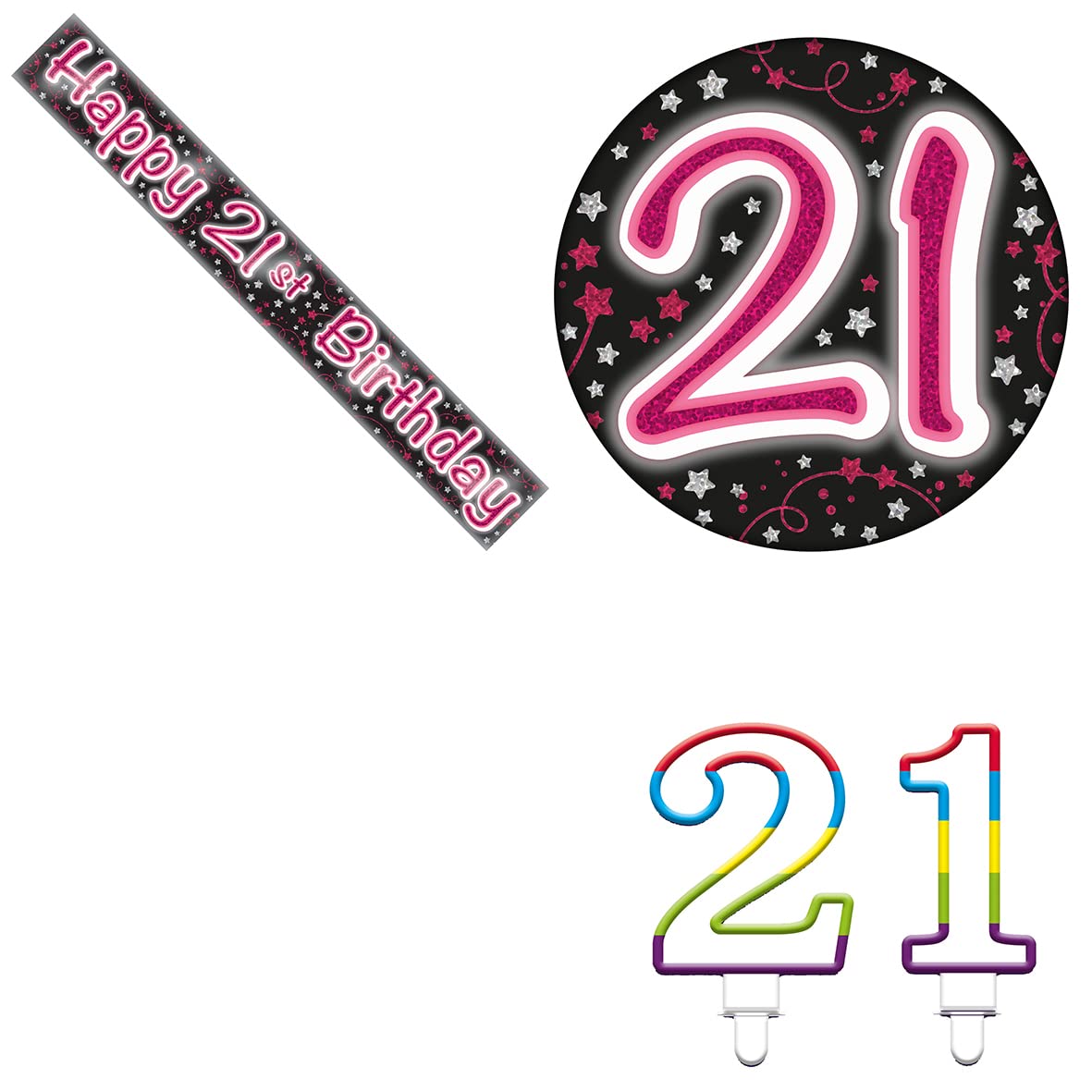 Age 21 Pink And Silver Star Holographic Shiny 21st Birthday Party Kit Set (Banner, Badge, Candle)