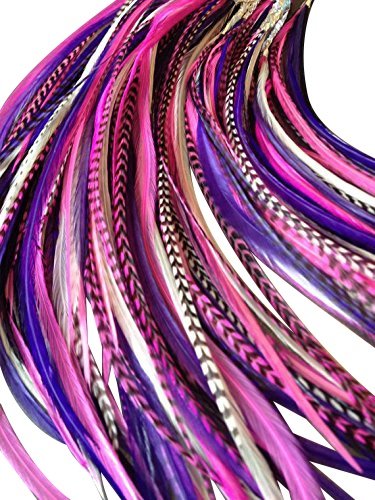 Hair Feathers Extensions Kit, 100% Real Rooster Feathers, Long Natural Colors, Feathers with Beads Loop Tool and Pliers Kit (Pink)